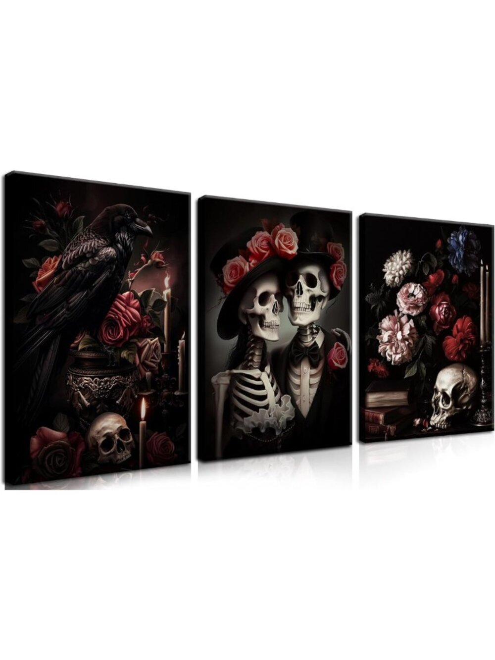 Gothic Wall Art Set of 3 - Red Rose Skull & Crow Prints, Dark Romantic Decor